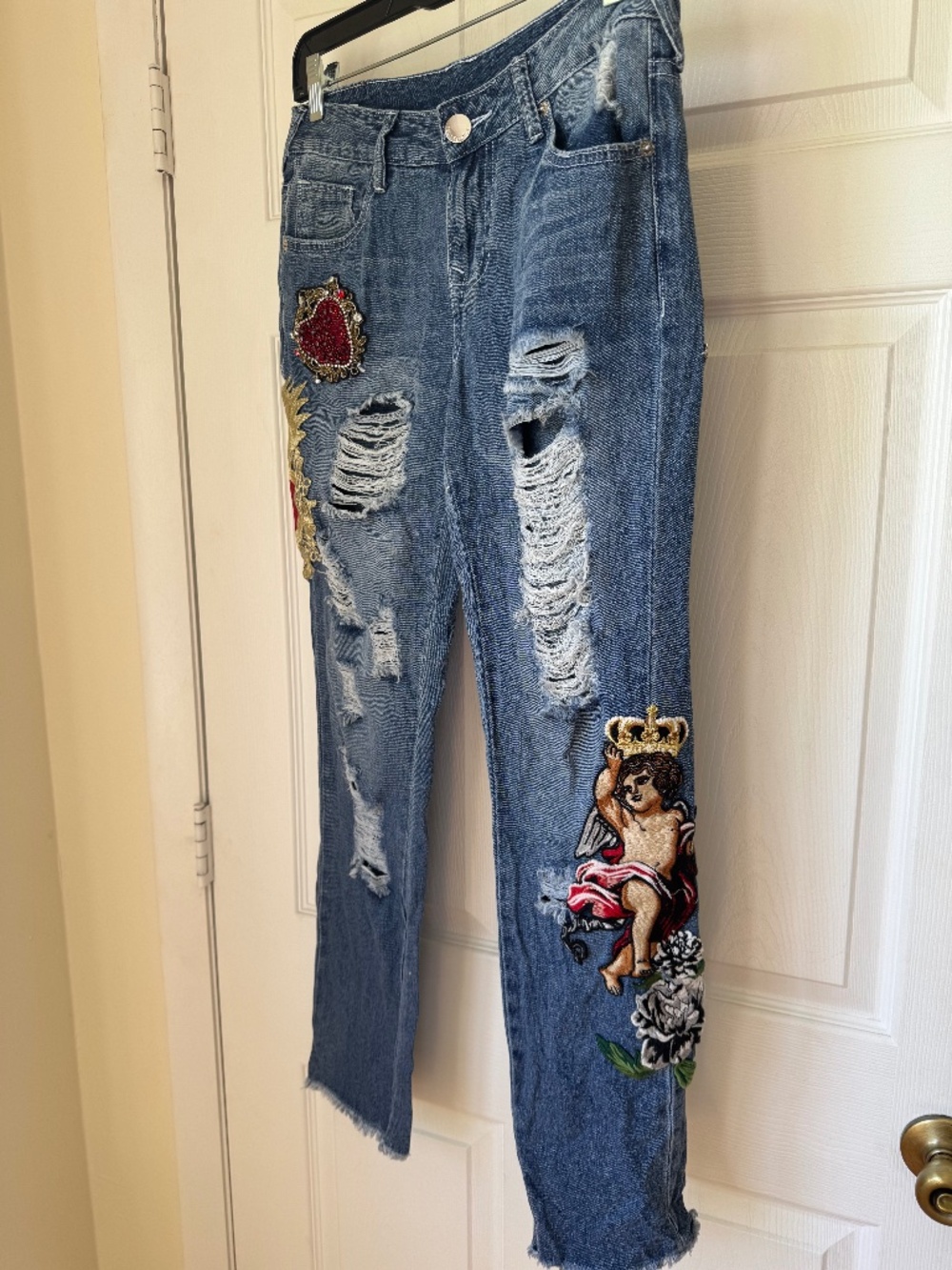 True Religion Size 24 Distressed Jeans Sacred Heart Cherub Embroidered Raw Hem